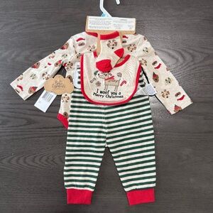 Baby Essentials 4 Piece “Dog” Christmas Set-Bodysuit, Pants, Socks & Bib Size 6M